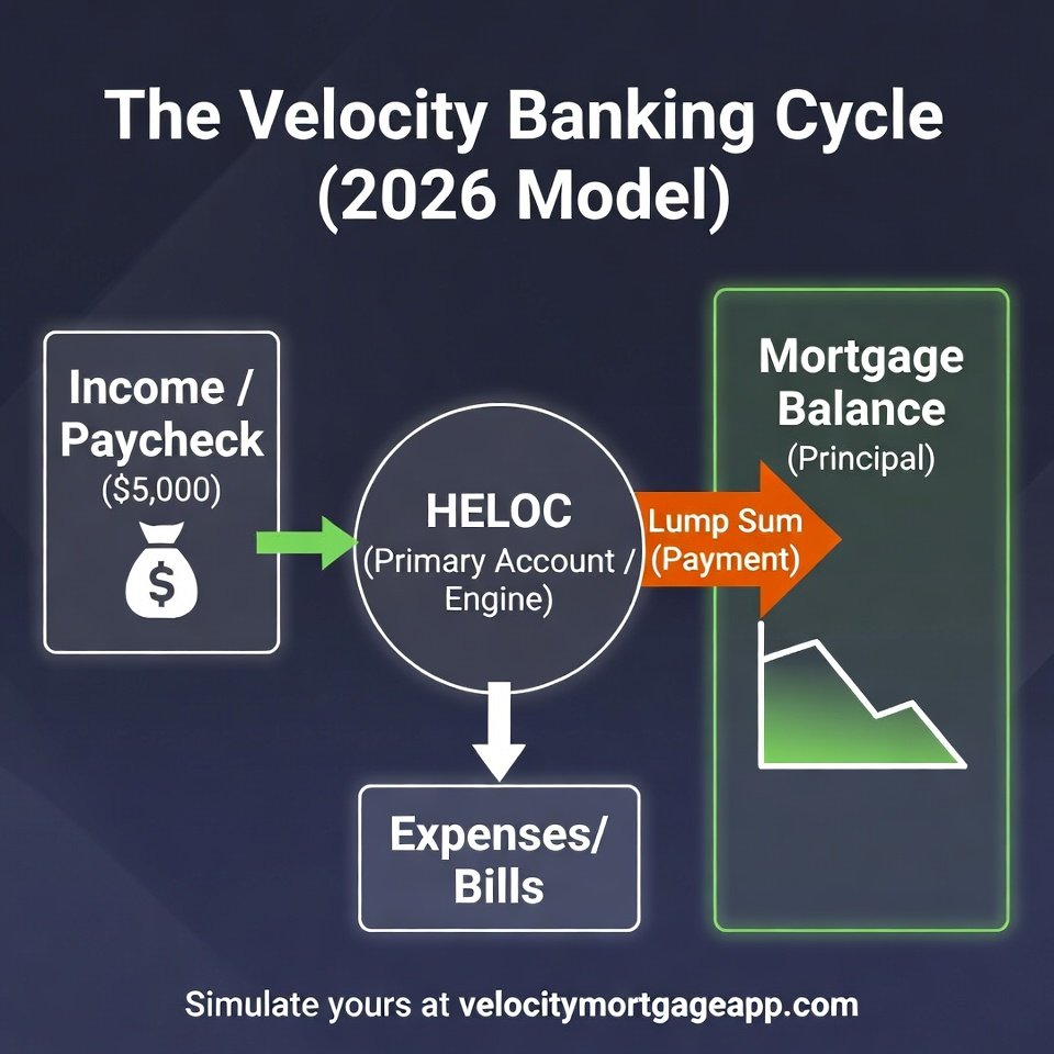 Diagram showing the velocity banking strategy flow using income and a HELOC to pay off mortgage principal faster.